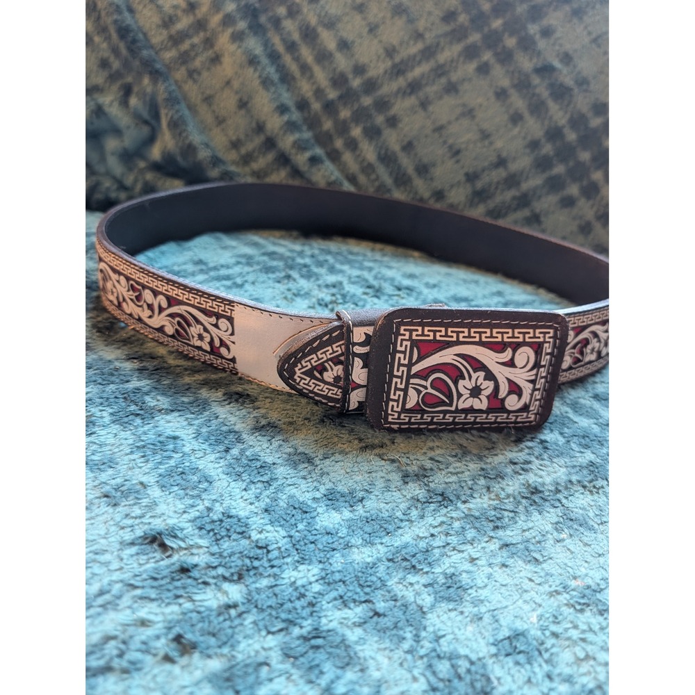 HG Cinturones Mens Brown Leather Western Belt Floral Cutout Red White Mexico 40 - Picture 4 of 10